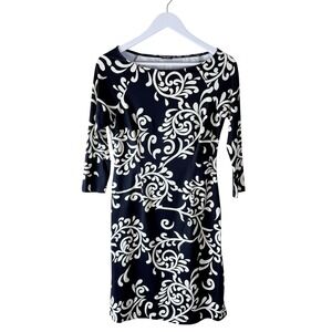 J.McLaughlin Black White Scroll Print 3/4 Sleeve Boat Neck Sheath Dress Womens S